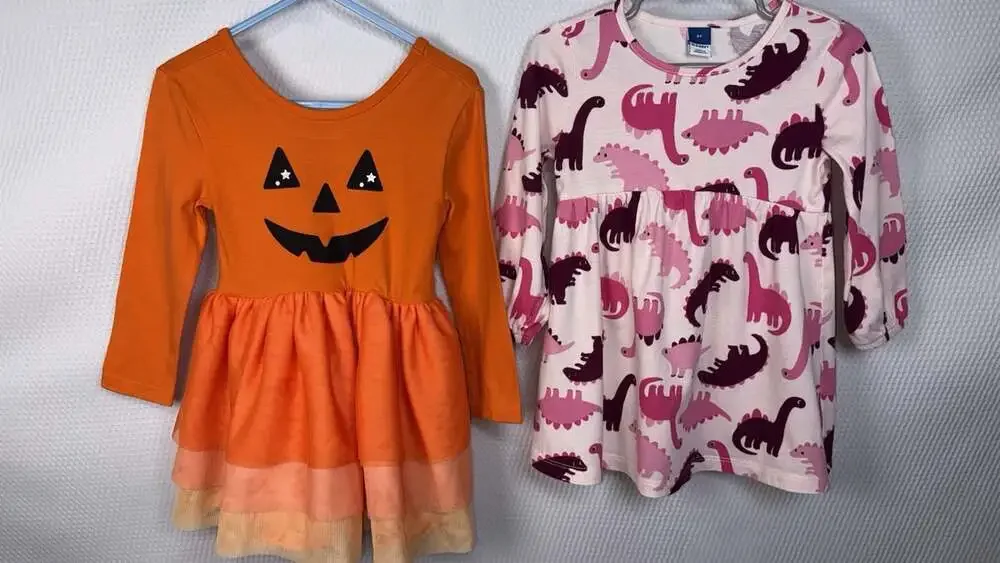 Old Navy Size 2T Dress Lot Pumpkin Tutu & Pink Dinosaurs Long Sleeves Fall